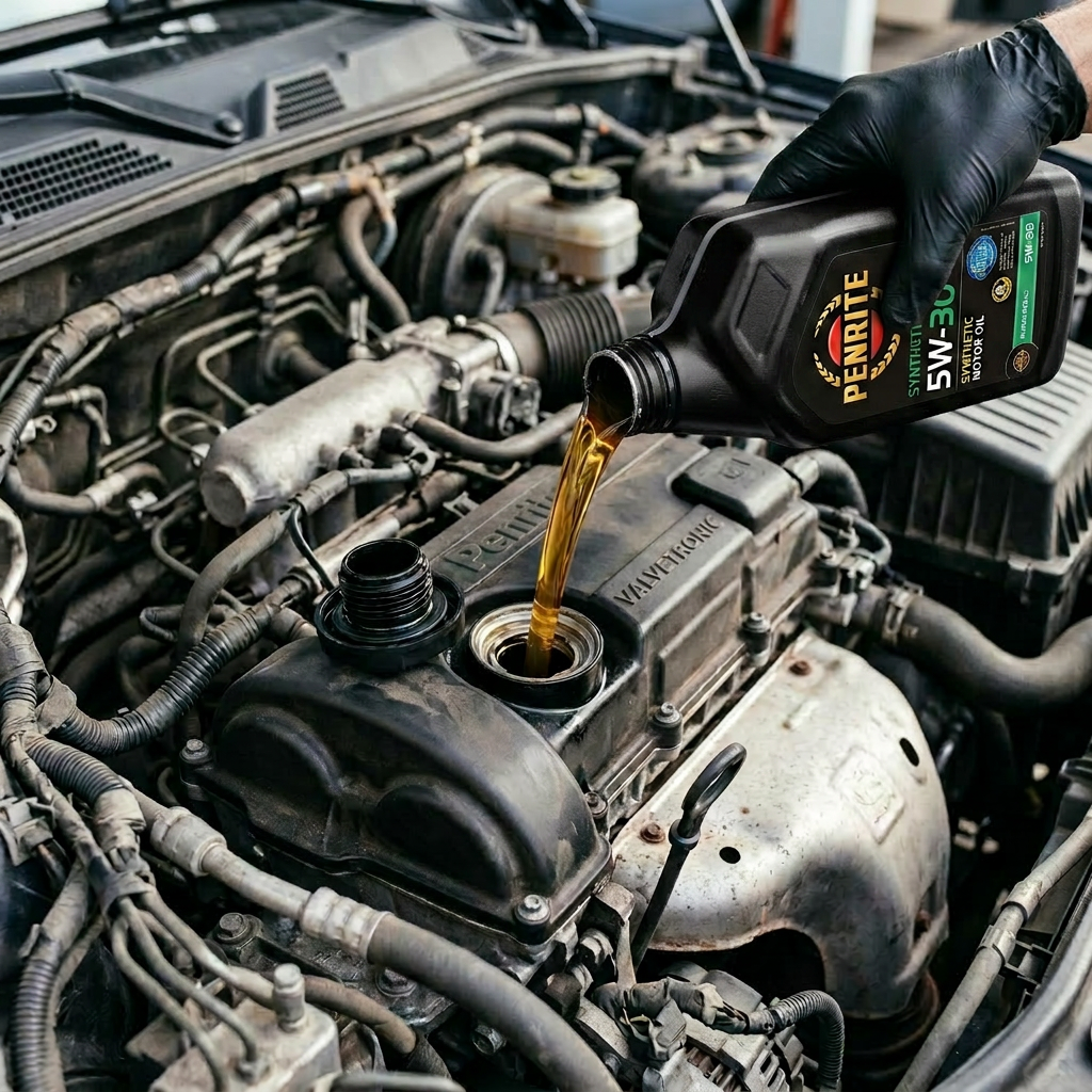 Hand pouring Castrol Edge 5W-30 synthetic motor oil into car engine oil filler opening