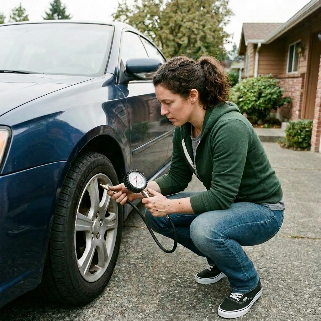 Woman in green hoodie examining car engine with gloves on outdoors